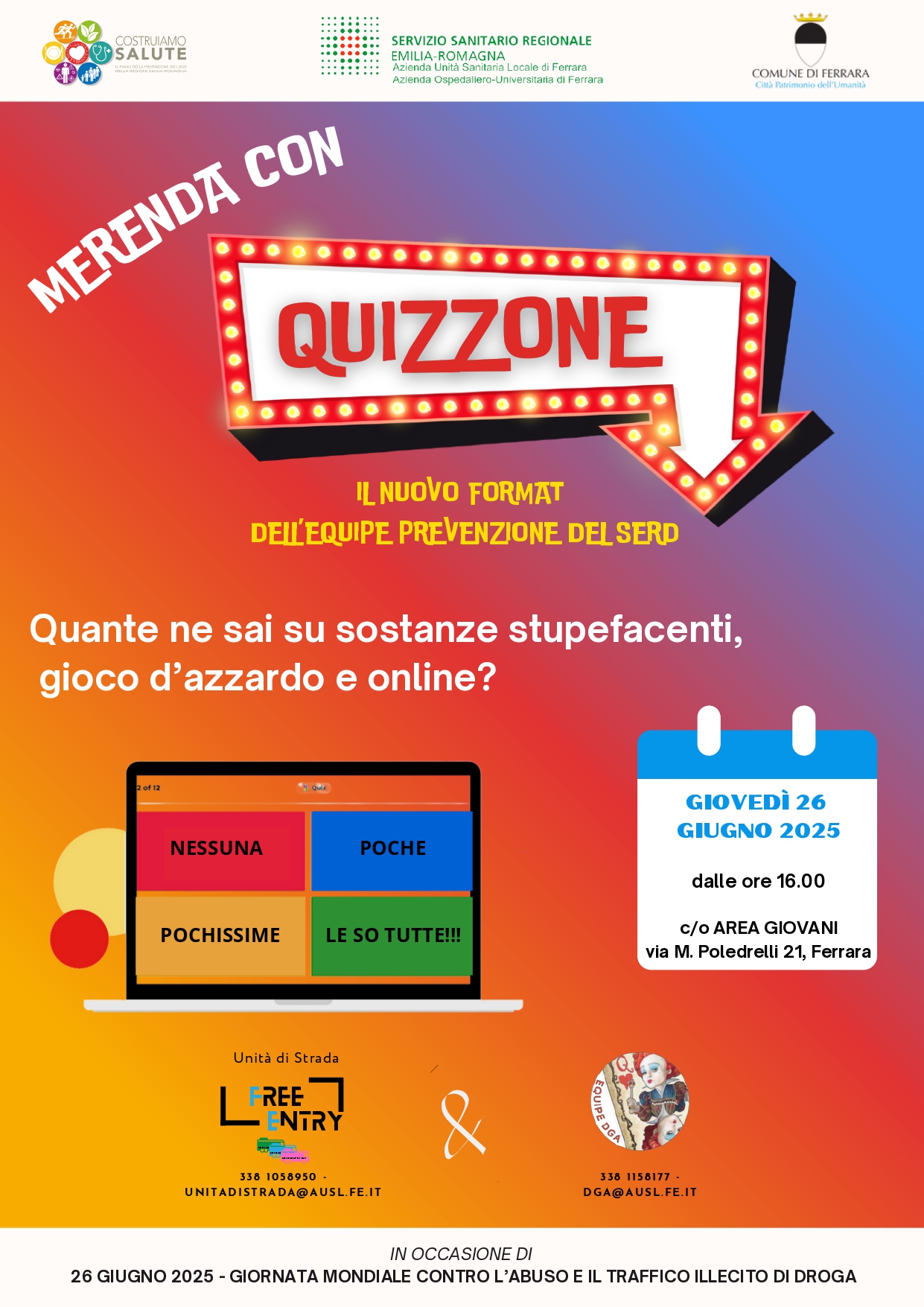 Così fan tutti, ma io no! Il 26 giugno arriva a Ferrara “Merenda con quizzone” per coinvolgere i giovani nella prevenzione