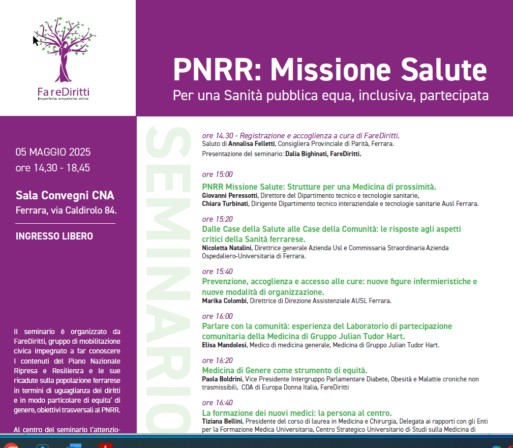 PNRR: Missione Salute! Per una Sanità pubblica equa, inclusiva, partecipata PNRR: Missione Salute! Per una Sanità pubblica equa, inclusiva, partecipata