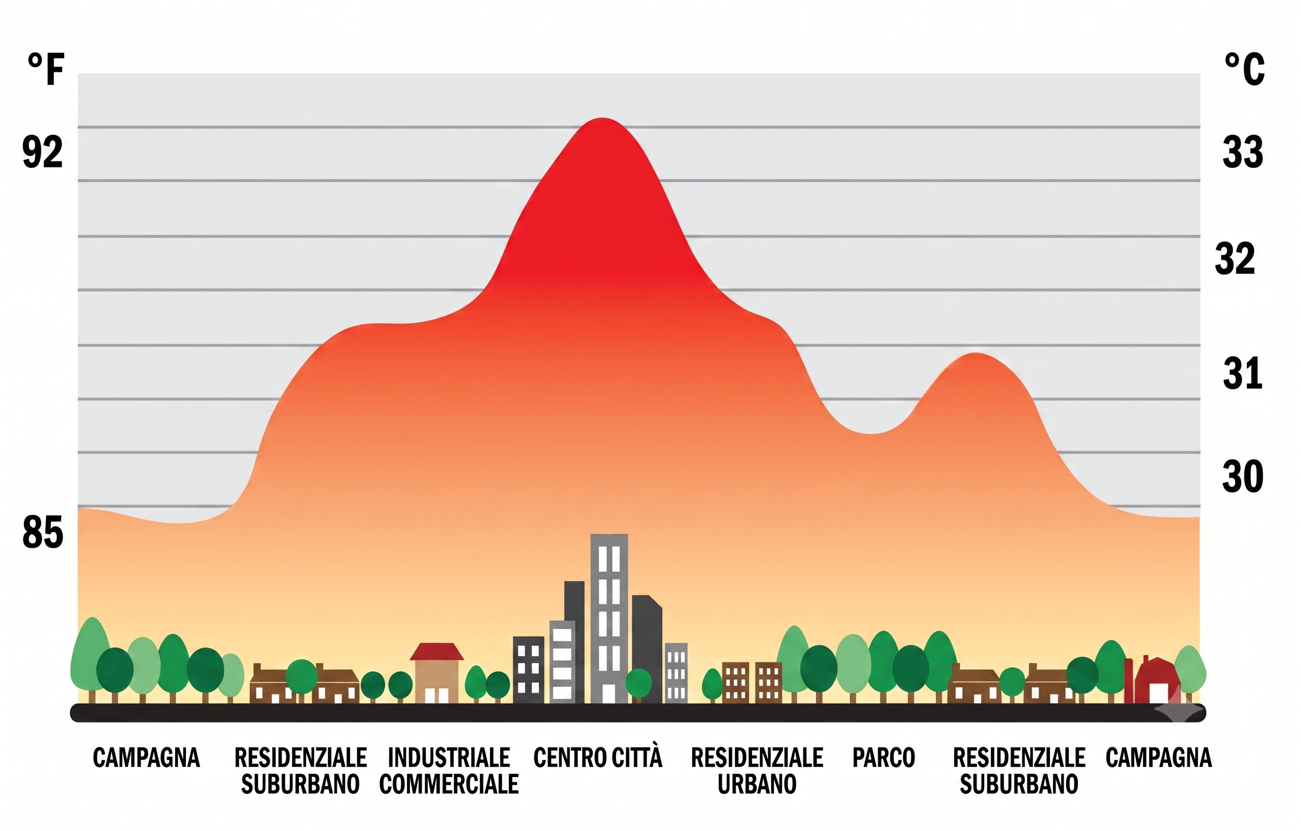 Fonte: REBUS - Isola di calore urbana e progettazione del comfort - Teodoro Georgiadis - Rappresentazione grafica dell’isola di calore urbano. (© www.ecquologia.com)